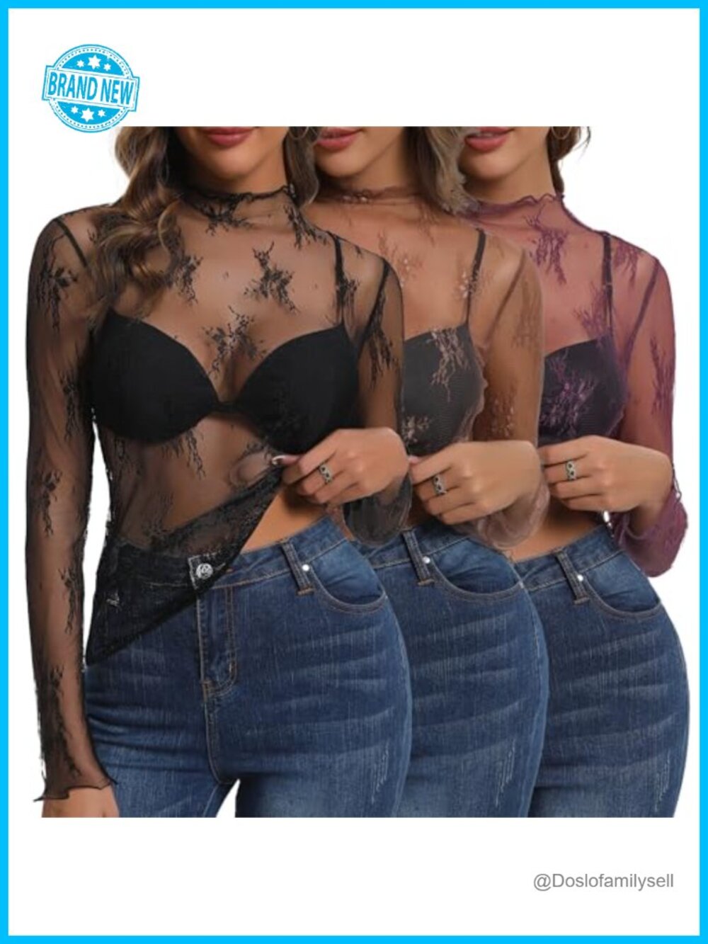 Mesh Lace Long Sleeve Top Sheer Floral Mock Neck Blouse